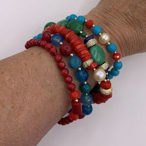 Bracelet, NWOT, 5 strand real turquoise, lapis, pearls, coral, statement, colour